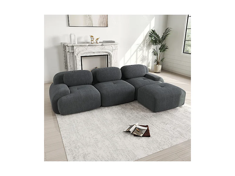 Canapé 3 places d'angle modulable - en Velours côtelé - avec 3 oreillers et pouf - 298x178x75cm - Gris