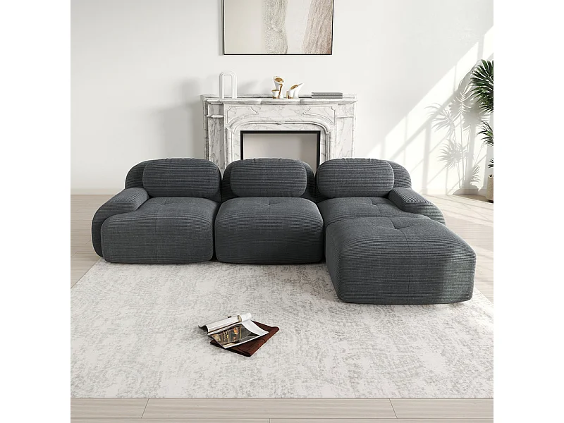 Canapé 3 places d'angle modulable - en Velours côtelé - avec 3 oreillers et pouf - 298x178x70cm - Gris