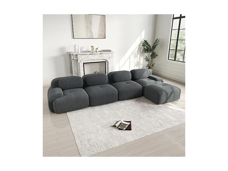 Canapé 4 places d'angle modulable - en Velours côtelé - avec 4 oreillers et pouf - 388x178x75cm - Gris