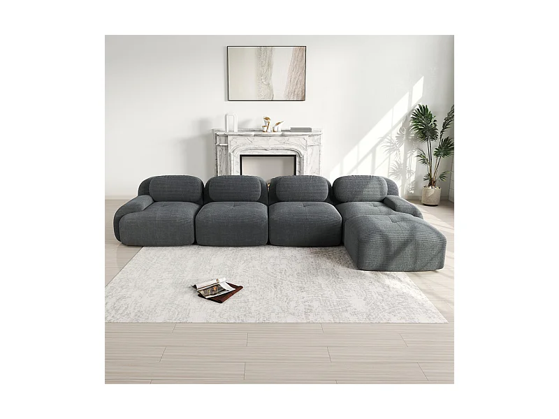 Canapé 4 places d'angle modulable - en Velours côtelé - avec 4 oreillers et pouf - 388x178x75cm - Gris