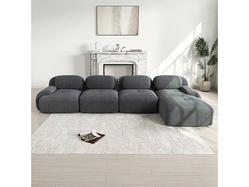 Canapé 4 places d'angle modulable - en Velours côtelé - avec 4 oreillers et pouf - 388x178x70cm - Gris