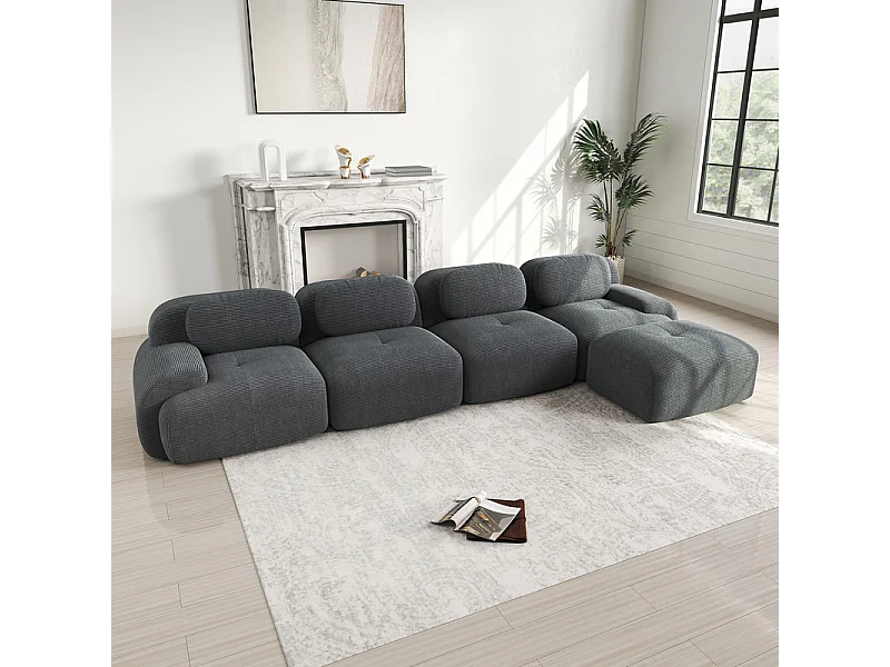Canapé 4 places d'angle modulable - en Velours côtelé - avec 4 oreillers et pouf - 388x178x75cm - Gris
