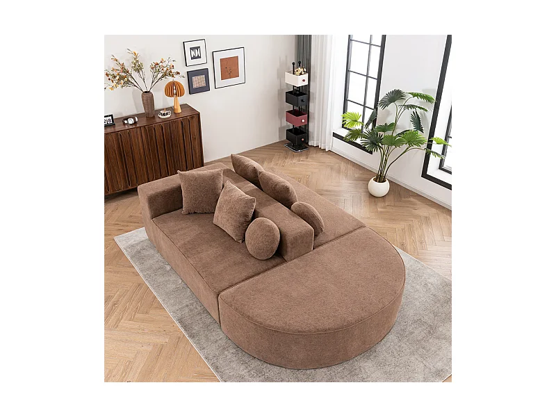 Canapé 5 places panoramique modulable - en tissu Chenille marron - avec 6 oreillers - 263x171x66cm