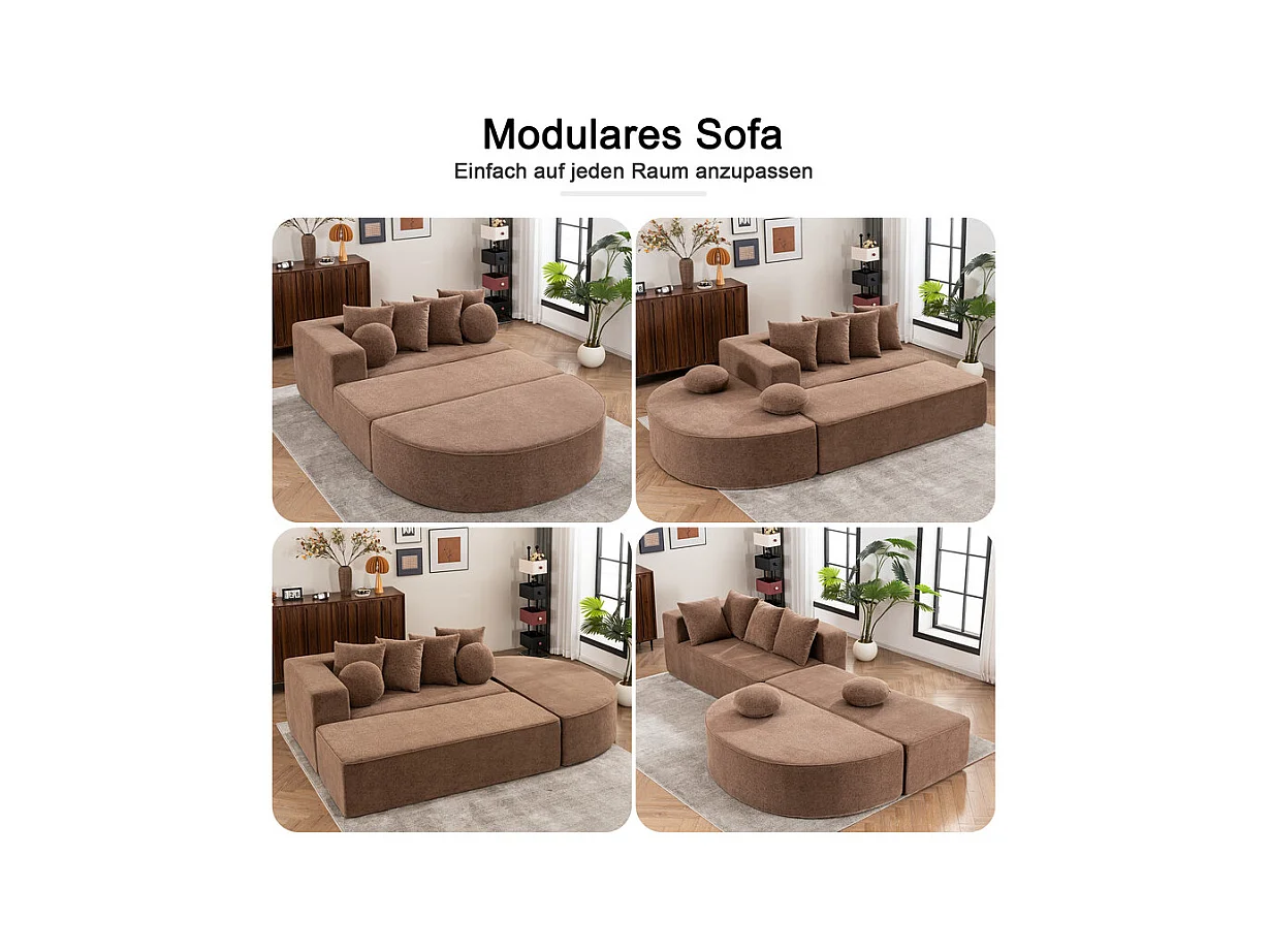 Canapé 5 places panoramique modulable - en tissu Chenille marron - avec 6 oreillers - 263x171x66cm