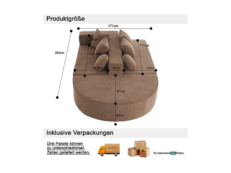 Canapé 5 places panoramique modulable - en tissu Chenille marron - avec 6 oreillers - 263x171x66cm