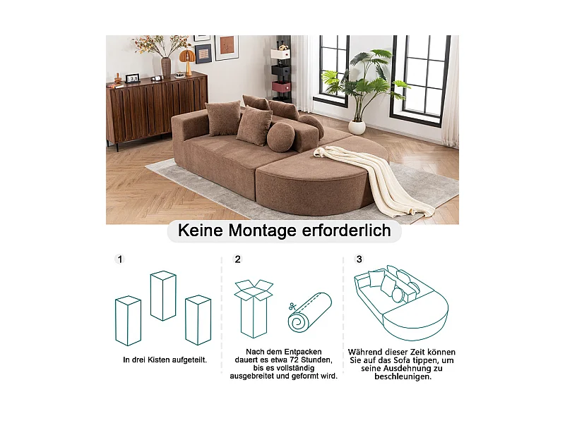 Canapé 5 places panoramique modulable - en tissu Chenille marron - avec 6 oreillers - 263x171x66cm