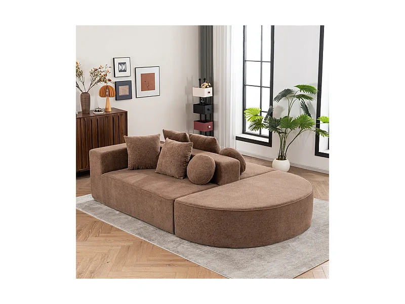 Canapé 5 places panoramique modulable - en tissu Chenille marron - avec 6 oreillers - 263x171x66cm