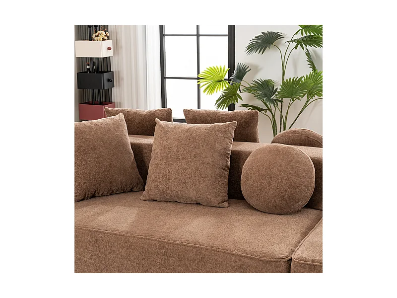 Canapé 5 places panoramique modulable - en tissu Chenille marron - avec 6 oreillers - 263x171x66cm