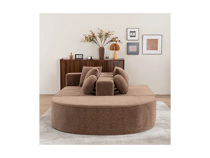 Canapé 5 places panoramique modulable - en tissu Chenille marron - avec 6 oreillers - 263x171x66cm