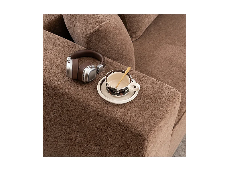 Canapé 5 places panoramique modulable - en tissu Chenille marron - avec 6 oreillers - 263x171x66cm