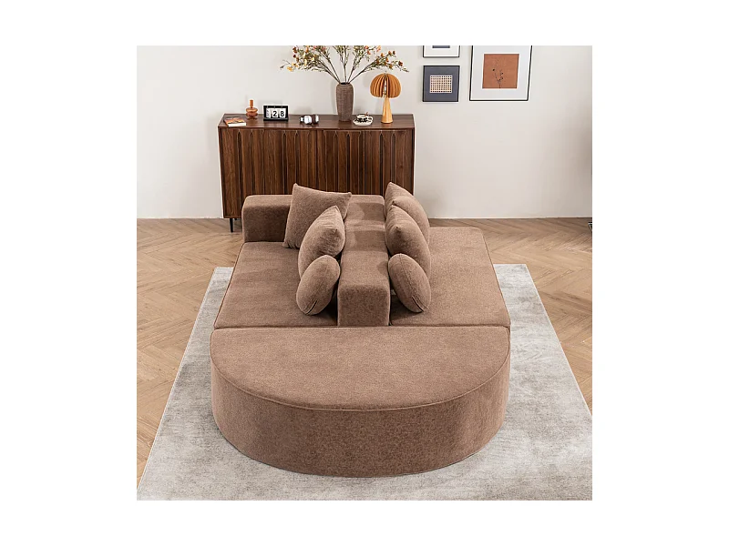 Canapé 5 places panoramique modulable - en tissu Chenille marron - avec 6 oreillers - 263x171x66cm