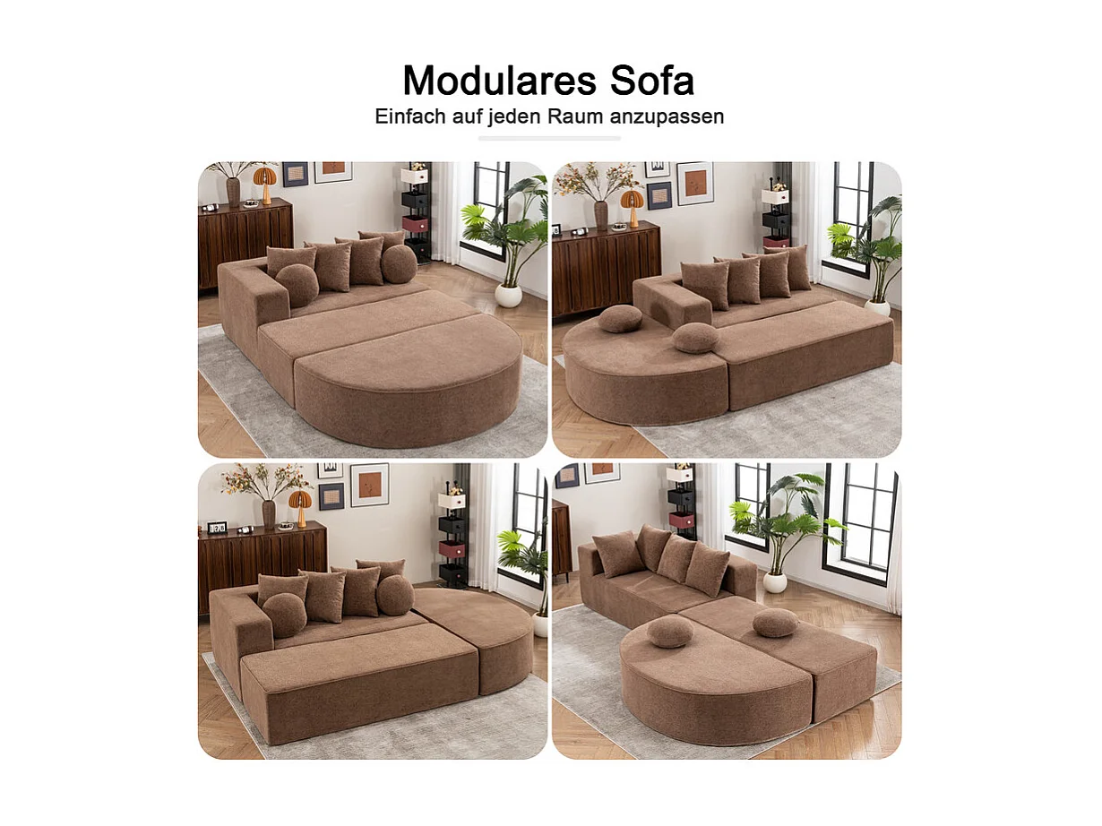 Sofá panorámico 5 plazas modular - de tejido Chenilla marrón - con 6 cojines - 263x171x66cm