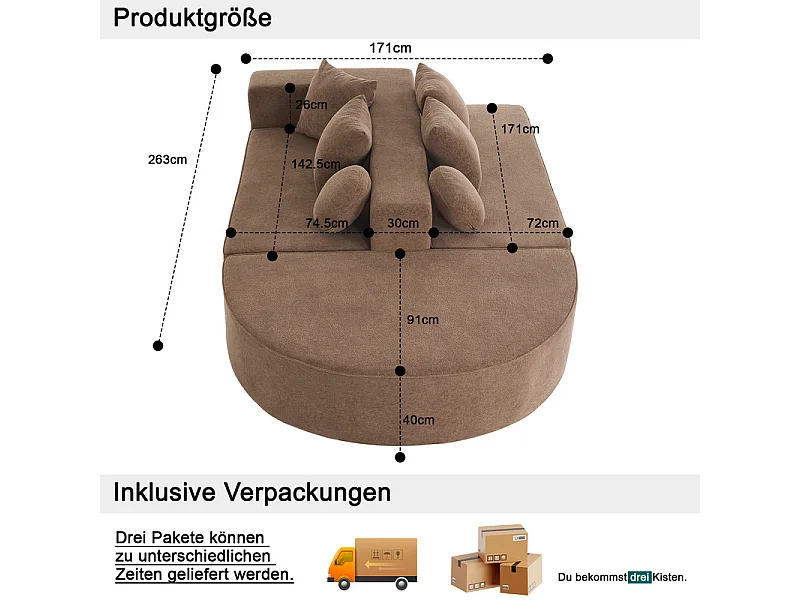 Sofá panorámico 5 plazas modular - de tejido Chenilla marrón - con 6 cojines - 263x171x66cm