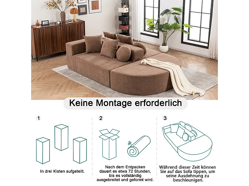 Sofá panorámico 5 plazas modular - de tejido Chenilla marrón - con 6 cojines - 263x171x66cm