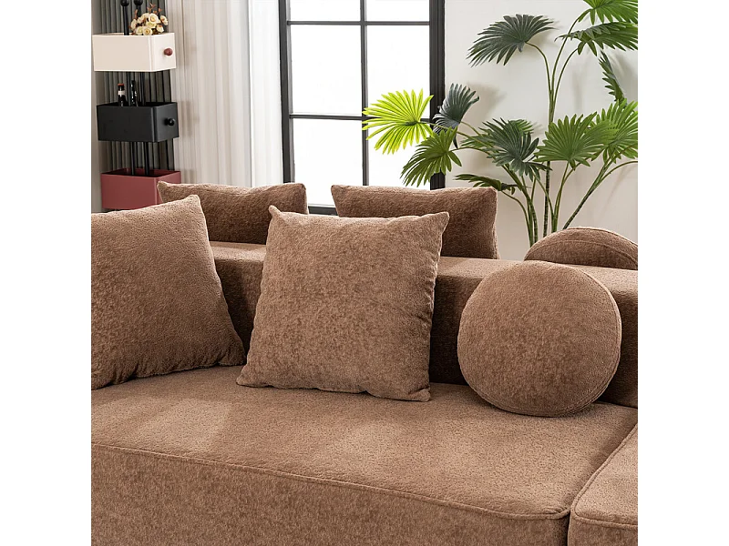 Sofá panorámico 5 plazas modular - de tejido Chenilla marrón - con 6 cojines - 263x171x66cm
