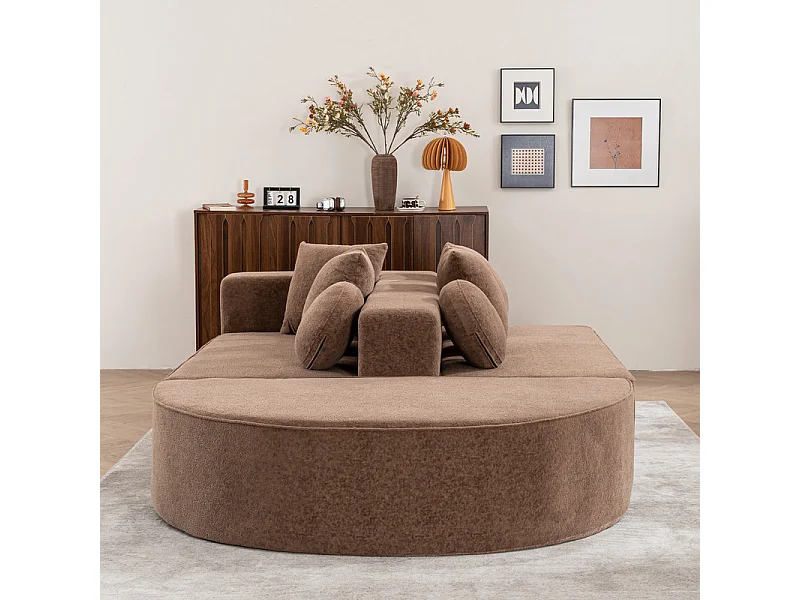 Sofá panorámico 5 plazas modular - de tejido Chenilla marrón - con 6 cojines - 263x171x66cm