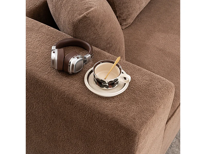 Sofá panorámico 5 plazas modular - de tejido Chenilla marrón - con 6 cojines - 263x171x66cm