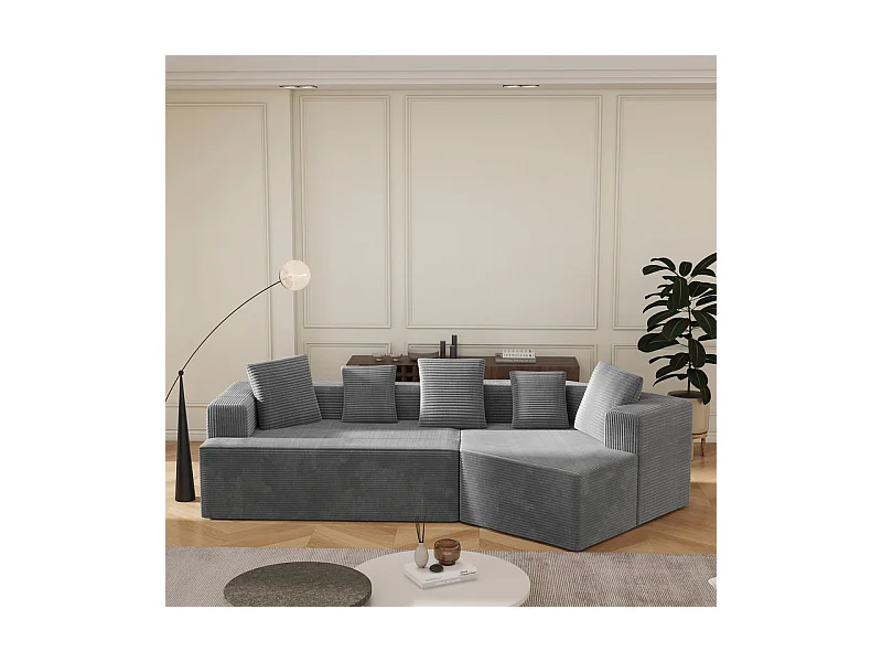 Canapé d'angle droit modulable 307cm - en Velours Côtelé grosses côtes - 3 places - avec 5 oreillers - Gris