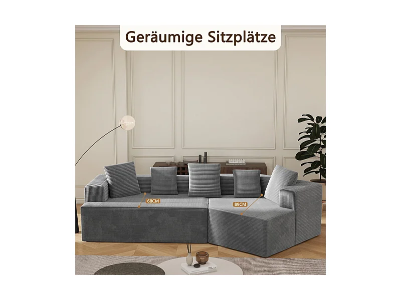 Canapé d'angle droit modulable 307cm - en Velours Côtelé grosses côtes - 3 places - avec 5 oreillers - Gris