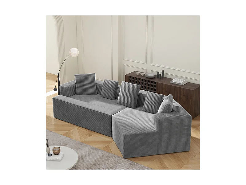 Canapé d'angle droit modulable 307cm - en Velours Côtelé grosses côtes - 3 places - avec 5 oreillers - Gris