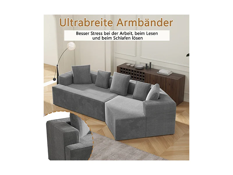 Canapé d'angle droit modulable 307cm - en Velours Côtelé grosses côtes - 3 places - avec 5 oreillers - Gris