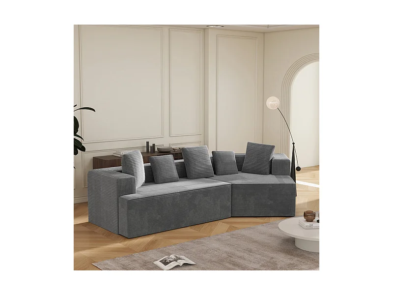 Canapé d'angle droit modulable 307cm - en Velours Côtelé grosses côtes - 3 places - avec 5 oreillers - Gris