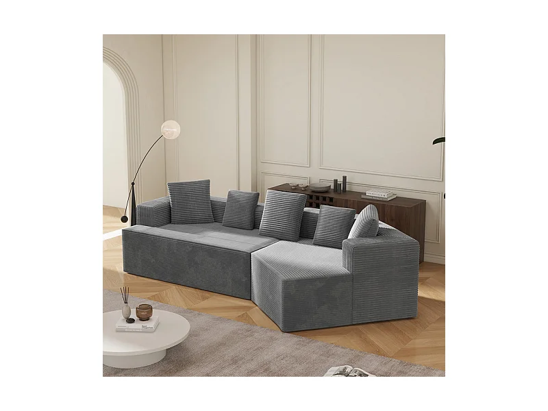 Canapé d'angle droit modulable 307cm - en Velours Côtelé grosses côtes - 3 places - avec 5 oreillers - Gris