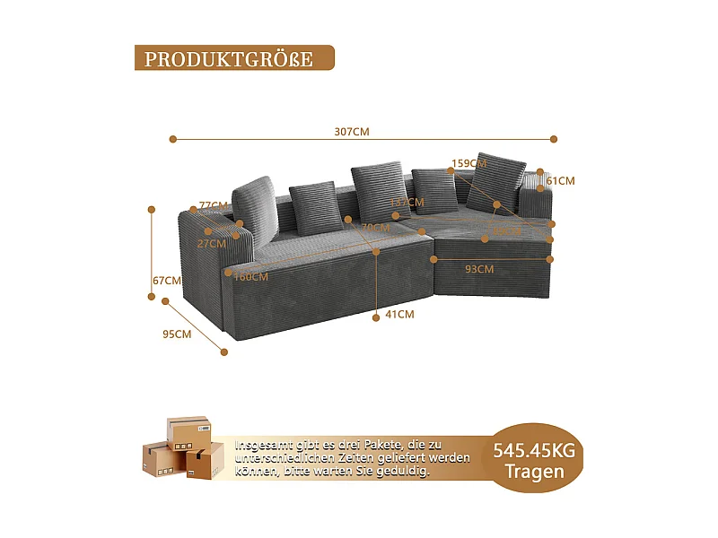 Modulares rechteckiges Ecksofa 307cm - aus Großer Rippensamt - 3-Sitzer - mit 5 Kissen - Grau