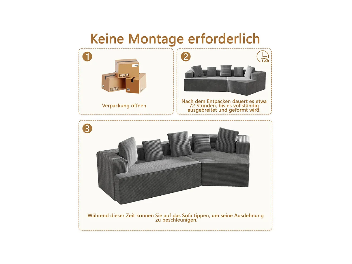 Modulares rechteckiges Ecksofa 307cm - aus Großer Rippensamt - 3-Sitzer - mit 5 Kissen - Grau