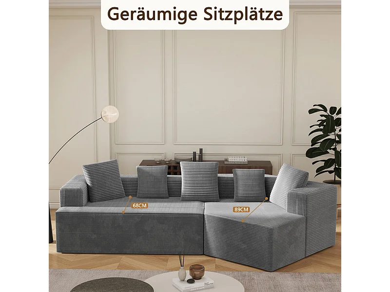 Modulaire rechte hoekbank 307cm - van Grootkeperig corduroy - 3-zits - met 5 kussens - Grijs