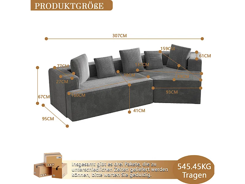 Modulaire rechte hoekbank 307cm - van Grootkeperig corduroy - 3-zits - met 5 kussens - Grijs