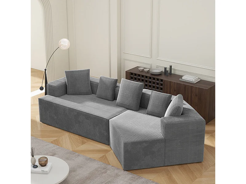 Modulaire rechte hoekbank 307cm - van Grootkeperig corduroy - 3-zits - met 5 kussens - Grijs