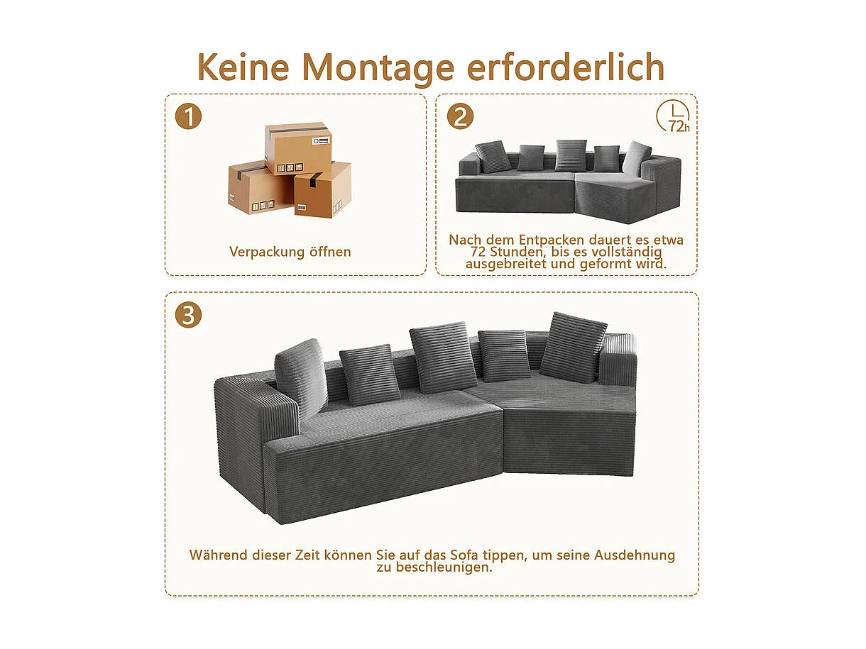 Modulaire rechte hoekbank 307cm - van Grootkeperig corduroy - 3-zits - met 5 kussens - Grijs