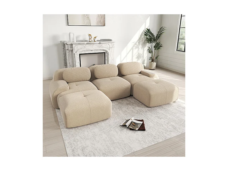 Canapé 3 places d'angle modulable - en Velours côtelé - avec 3 oreillers et 2 pouf - 298x178x75cm - Beige