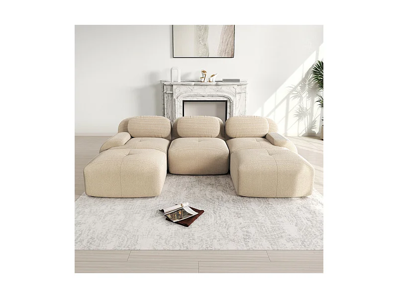 Canapé 3 places d'angle modulable - en Velours côtelé - avec 3 oreillers et 2 pouf - 298x178x75cm - Beige