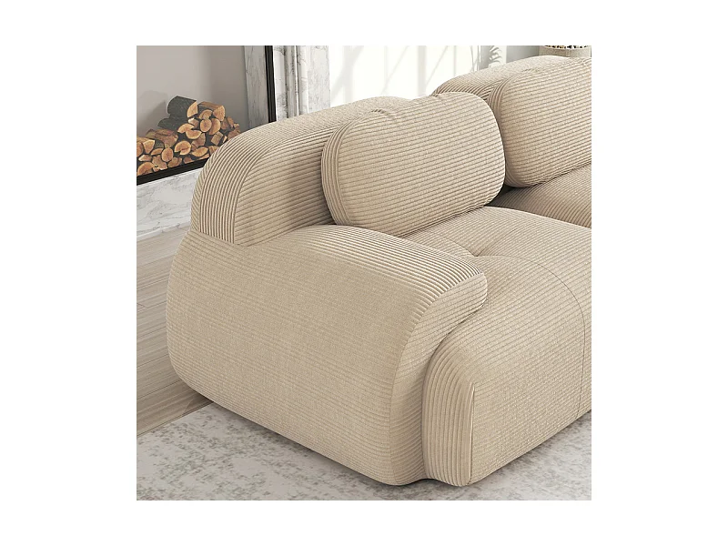Canapé 3 places d'angle modulable - en Velours côtelé - avec 3 oreillers et 2 pouf - 298x178x75cm - Beige