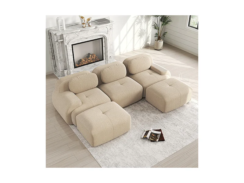 Canapé 3 places d'angle modulable - en Velours côtelé - avec 3 oreillers et 2 pouf - 298x178x75cm - Beige