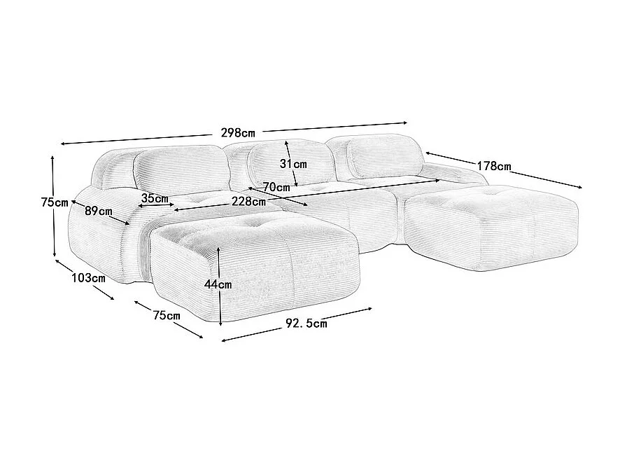 Canapé 3 places d'angle modulable - en Velours côtelé - avec 3 oreillers et 2 pouf - 298x178x75cm - Beige
