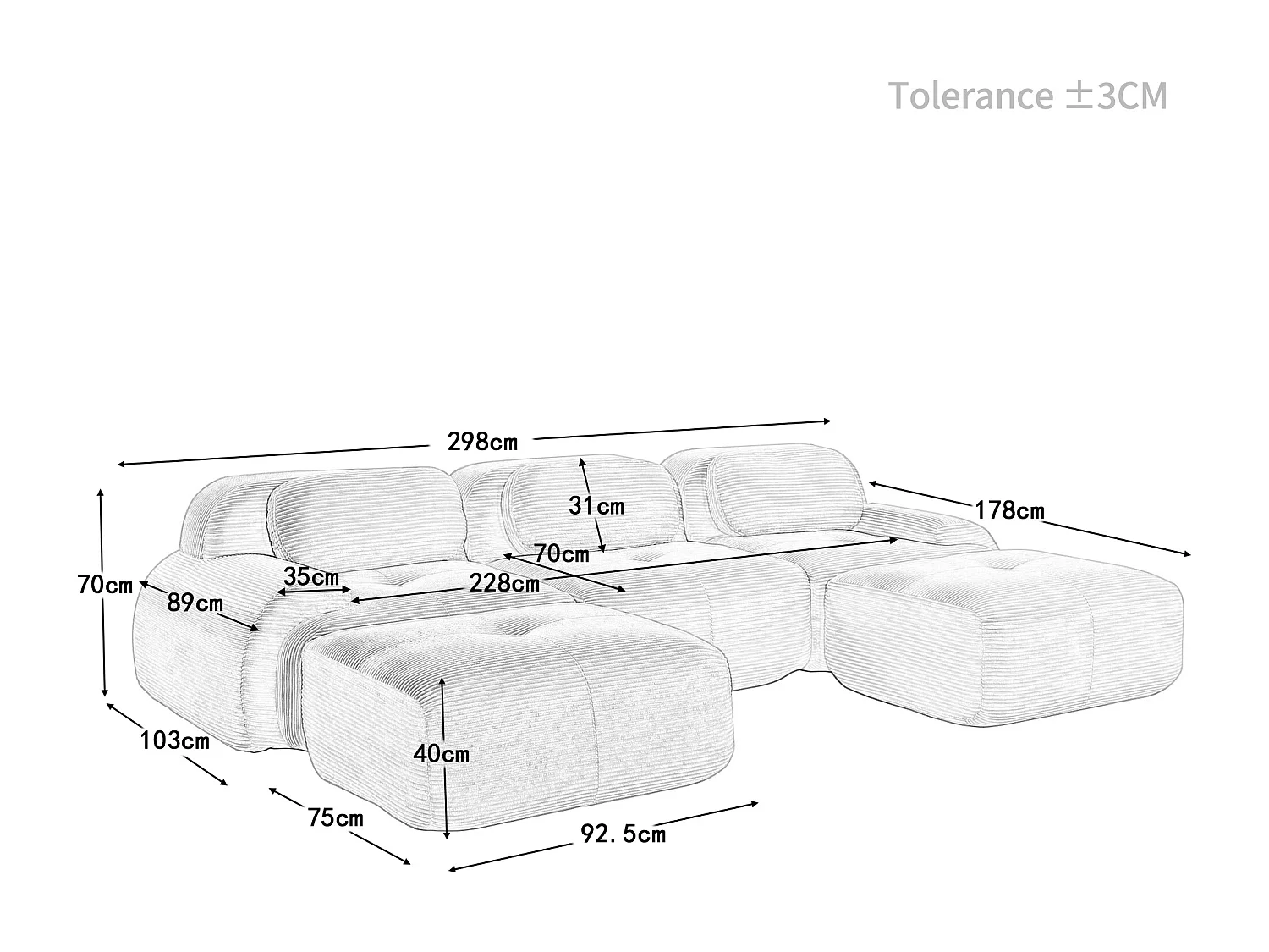 Modulaire hoekbank 3-zits - van Ribfluweel - met 3 kussens en 2 poefs - 298x178x75cm - Beige
