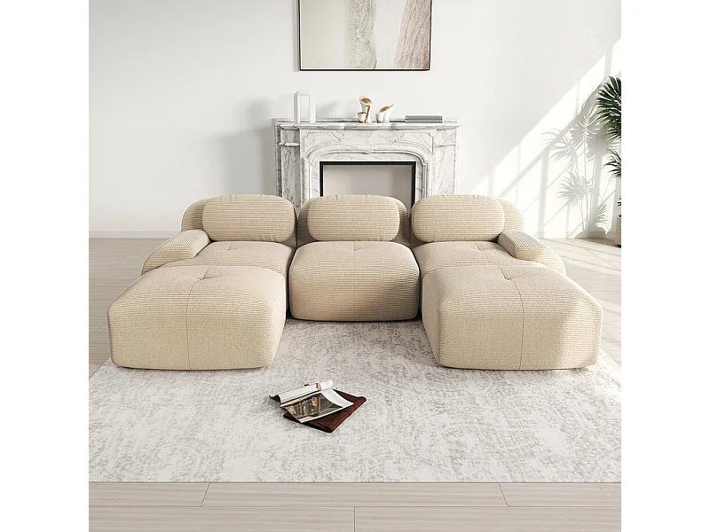 Modulaire hoekbank 3-zits - van Ribfluweel - met 3 kussens en 2 poefs - 298x178x75cm - Beige