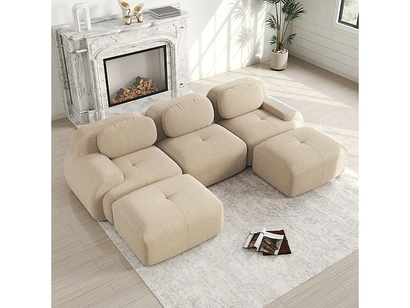 Modulaire hoekbank 3-zits - van Ribfluweel - met 3 kussens en 2 poefs - 298x178x75cm - Beige