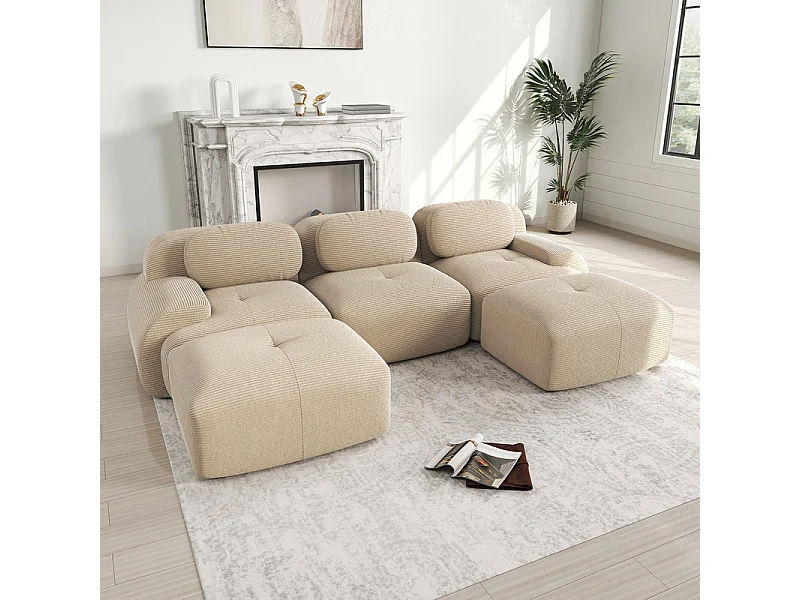 Divano angolare 3 posti modulare - in Velluto a coste - con 3 cuscini e 2 pouf - 298x178x75cm - Beige