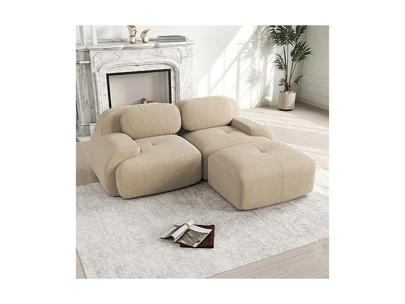 Canapé 2 places d'angle modulable - en Velours côtelé - avec 2 oreillers et  pouf - ergonomique- 208x178x75cm - Beige