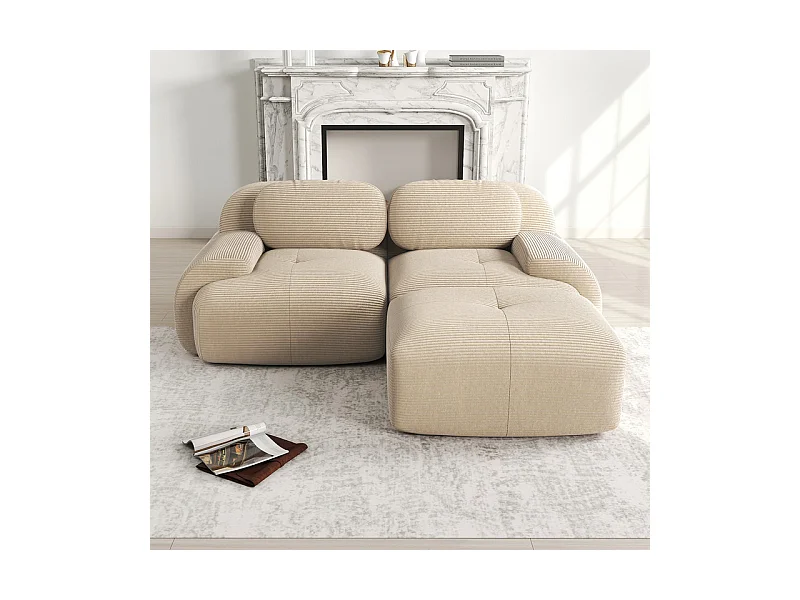 Canapé 2 places d'angle modulable - en Velours côtelé - avec 2 oreillers et  pouf - ergonomique- 208x178x75cm - Beige