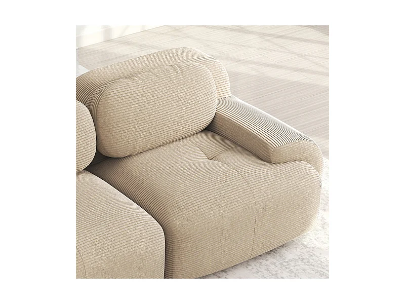 Canapé 2 places d'angle modulable - en Velours côtelé - avec 2 oreillers et  pouf - ergonomique- 208x178x75cm - Beige
