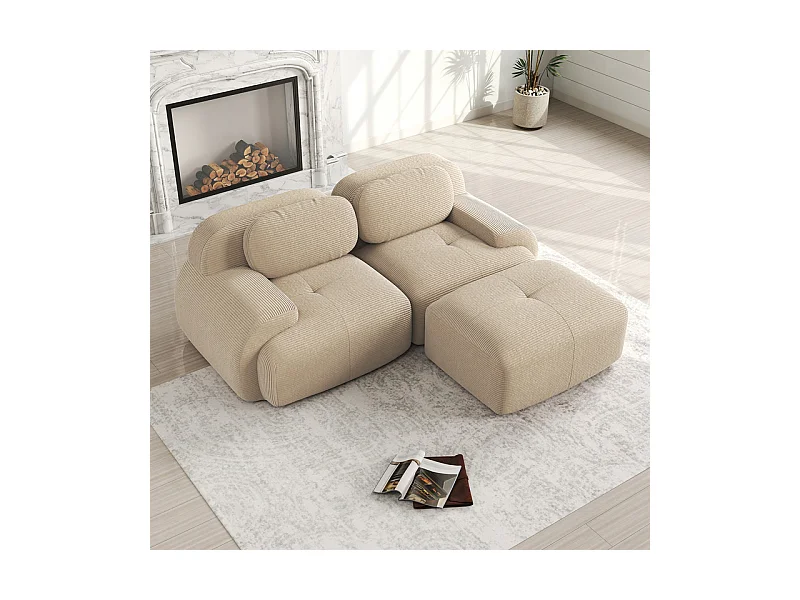 Canapé 2 places d'angle modulable - en Velours côtelé - avec 2 oreillers et  pouf - ergonomique- 208x178x75cm - Beige