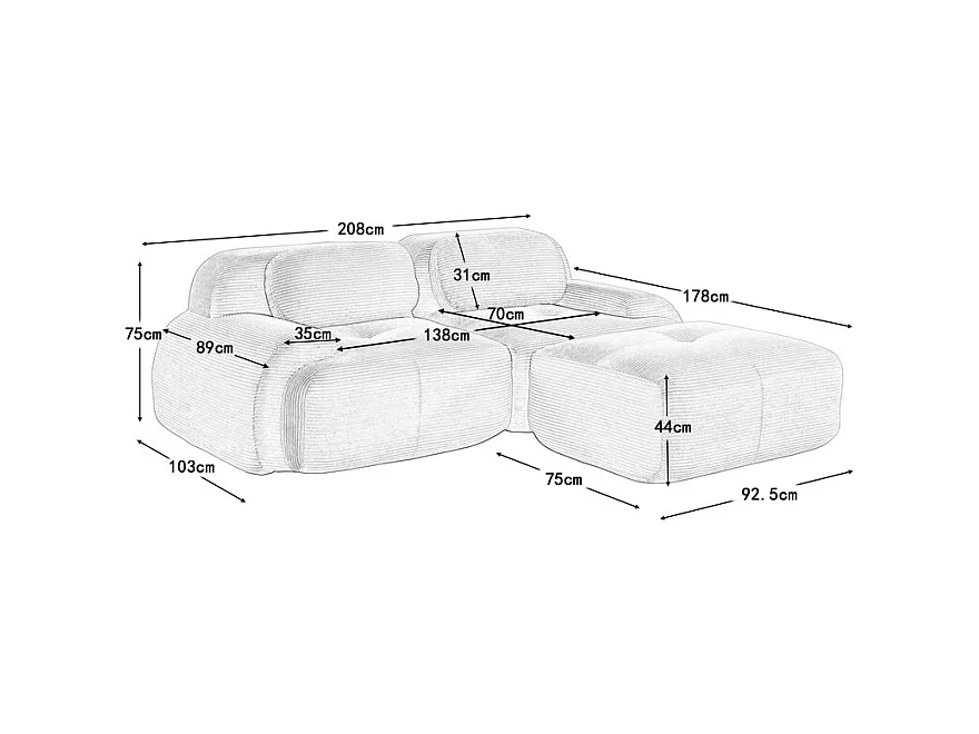 Canapé 2 places d'angle modulable - en Velours côtelé - avec 2 oreillers et  pouf - ergonomique- 208x178x75cm - Beige