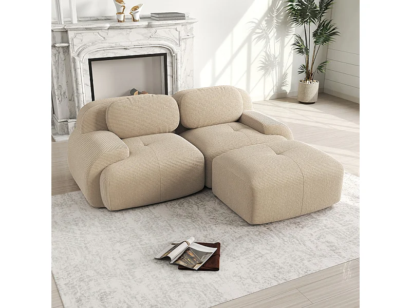 Canapé 2 places d'angle modulable - en Velours côtelé - avec 2 oreillers et  pouf - ergonomique- 208x178x75cm - Beige