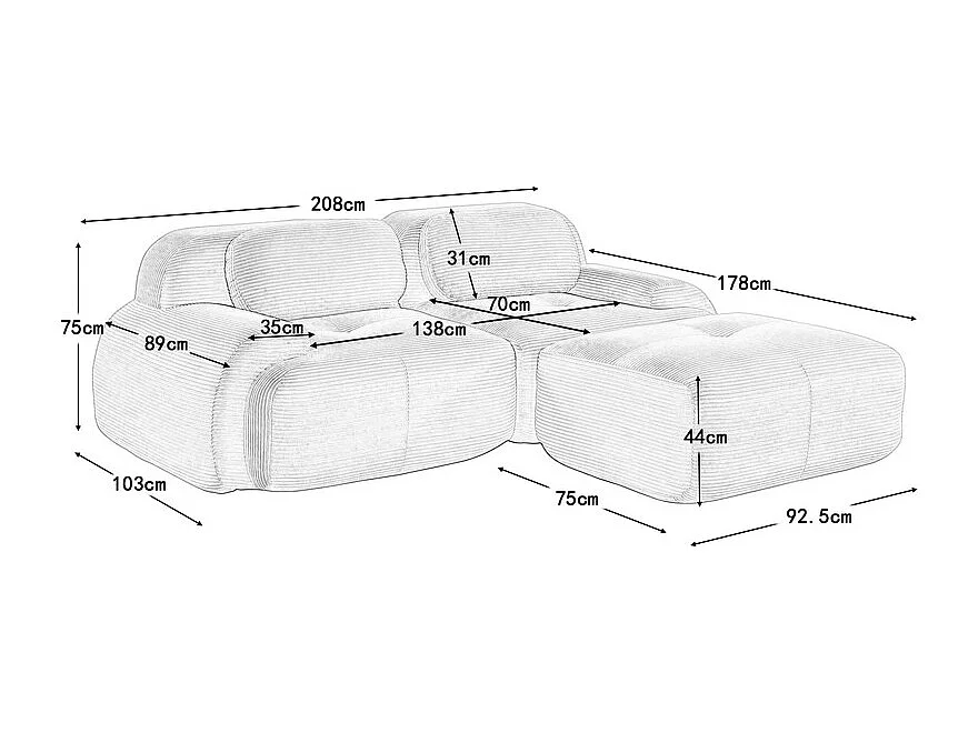 Sofá angular modular 2 lugares - de Veludo cotelê - com 2 almofadas e puff - ergonómico - 208x178x75cm - Bege