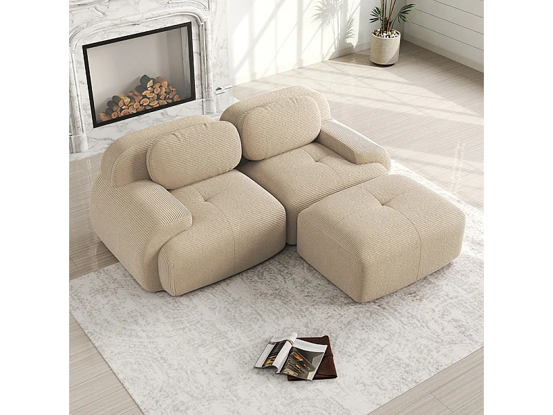 Sofá angular modular 2 lugares - de Veludo cotelê - com 2 almofadas e puff - ergonómico - 208x178x75cm - Bege